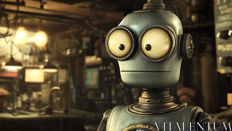 Retro service robot portrait in cluttered analog workshop