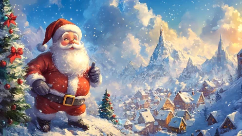 Santa overlooking luminous alpine Christmas village scene.