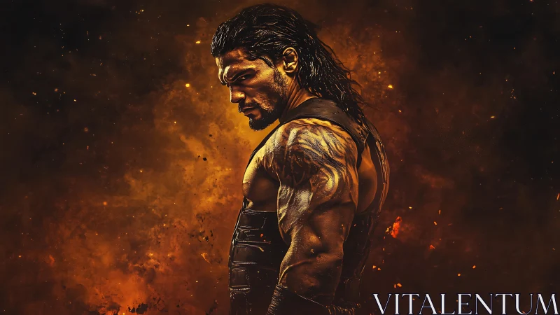 Muscular warrior in profile stands amid fiery orange haze