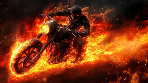 Fiery motorcycle rider charging through blazing flames
