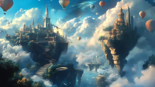 Floating sky cities rise above clouds with airships and dragons