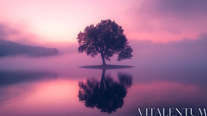 Gentle sunrise tree reflected on a dreamy misty lake.
