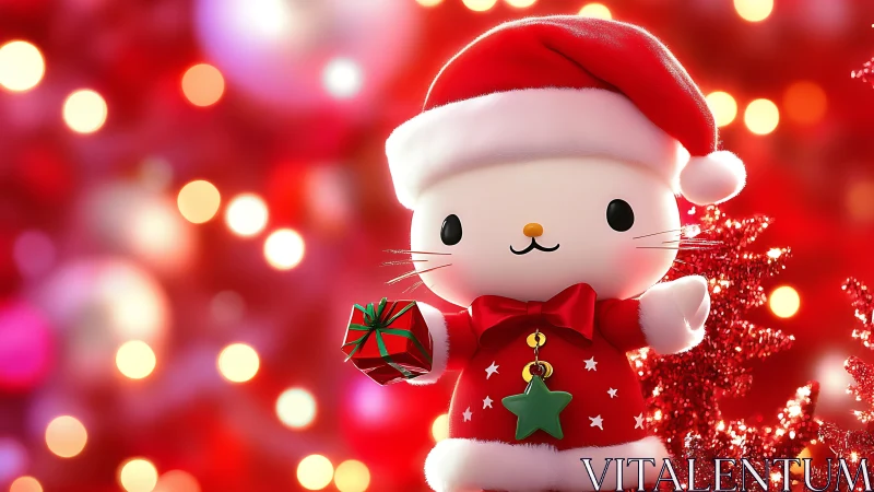 Cheerful Christmas kitty brings a tiny gift and cozy joy