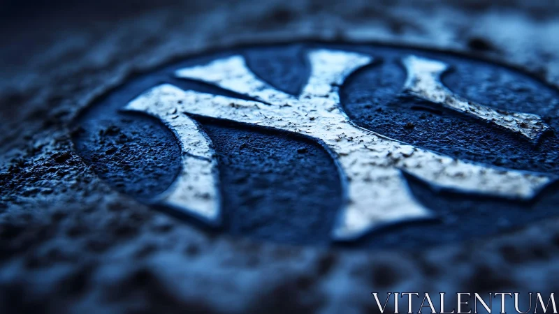 Weathered metallic emblem rendered in cool blue macro light