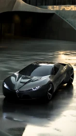 Low-slung graphite sports coupe with reflective wet-surface highlights