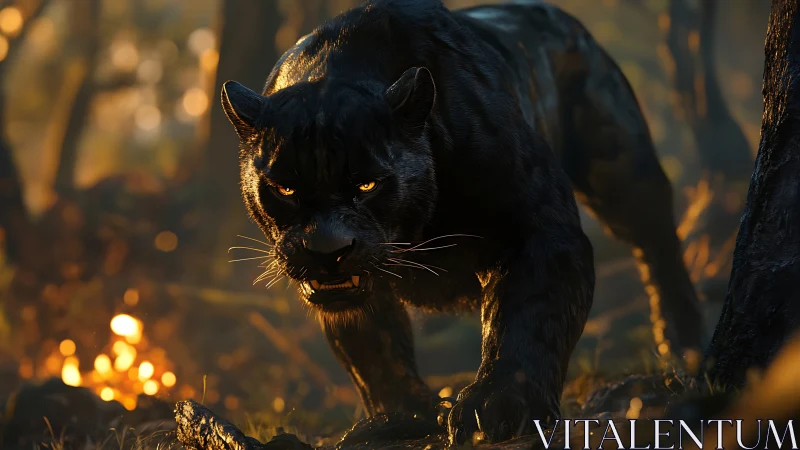 Black Panther Prowling Through Woodland with Volumetric Golden Backlighting