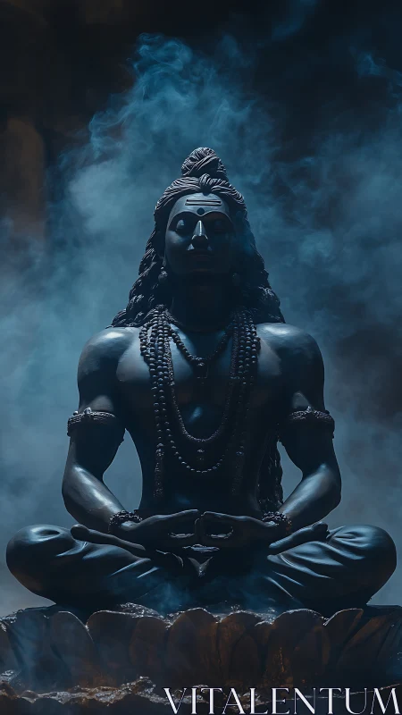Calm Shiva statue rests in meditative silence amid blue smoke