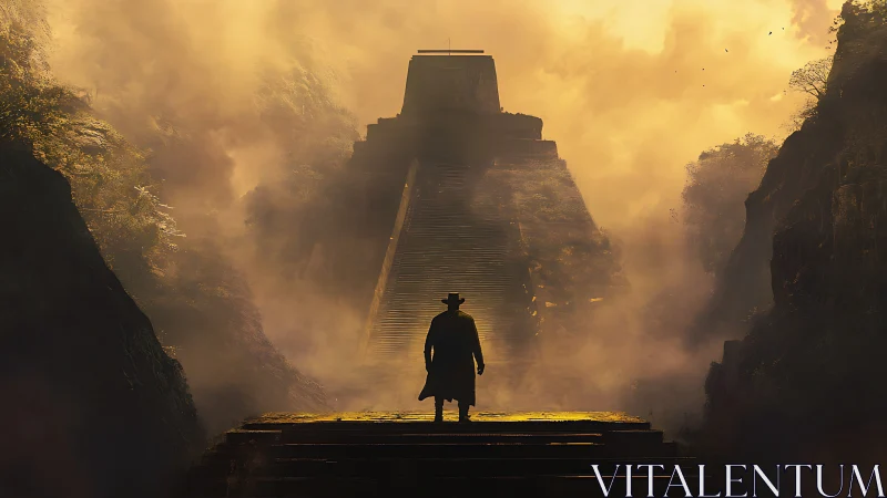 Lone explorer facing misty temple staircase at dawn.