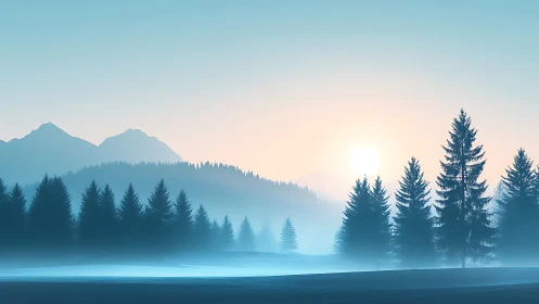 Serene Mountain Lake at Dawn with Misty Pine Forest.