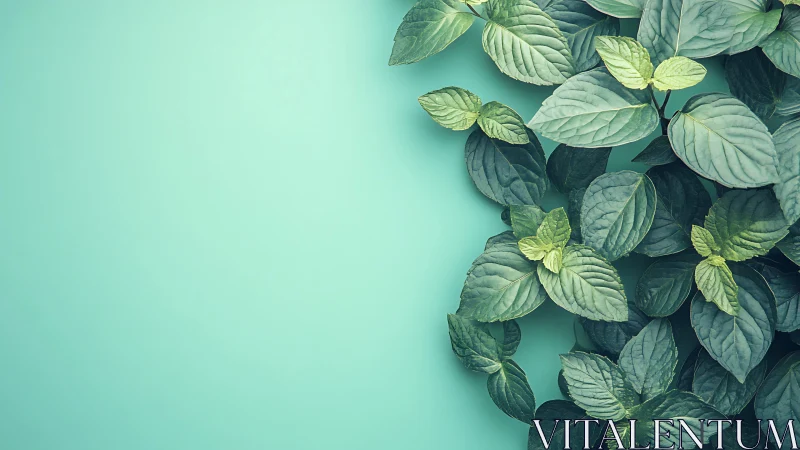 Green foliage cluster on turquoise background surface.