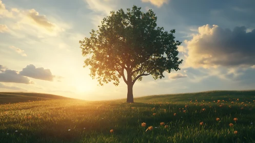 Lone green tree on sunlit meadow under soft clouds.