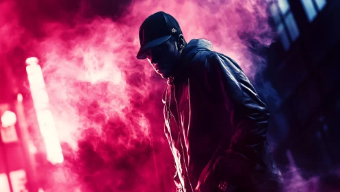 Hooded man in neon street smoke with strong contrast lighting.