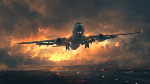 Jetliner claws through molten stormlight to claim the sky