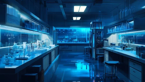 High-tech blue lit analytical chemistry laboratory at night