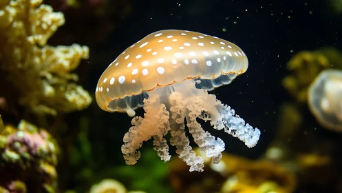 Spotted jellyfish drifts through illuminated reef habitat.