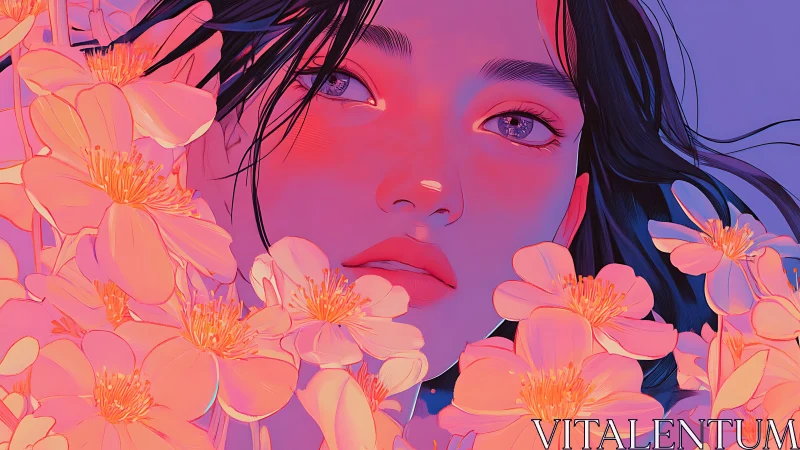 Neon-lit floral portrait in luminous digital painting style.