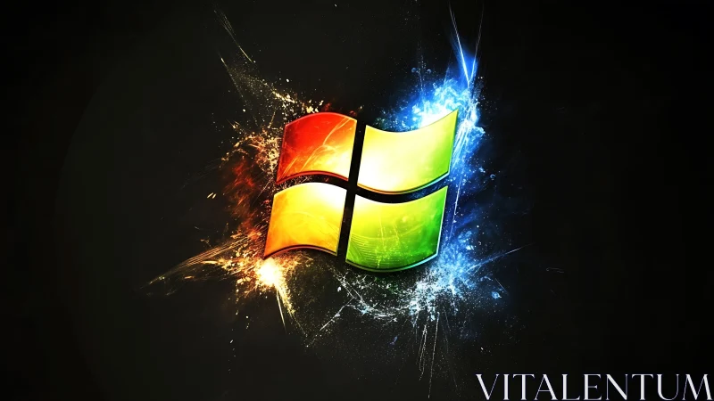 Glowing window emblem bursts with colorful digital energy.