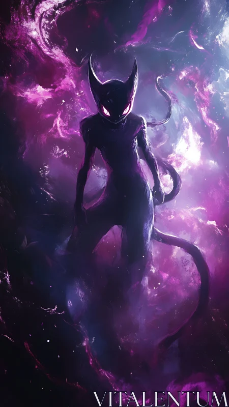 Cosmic shadow feline entity in luminous nebula silhouette.