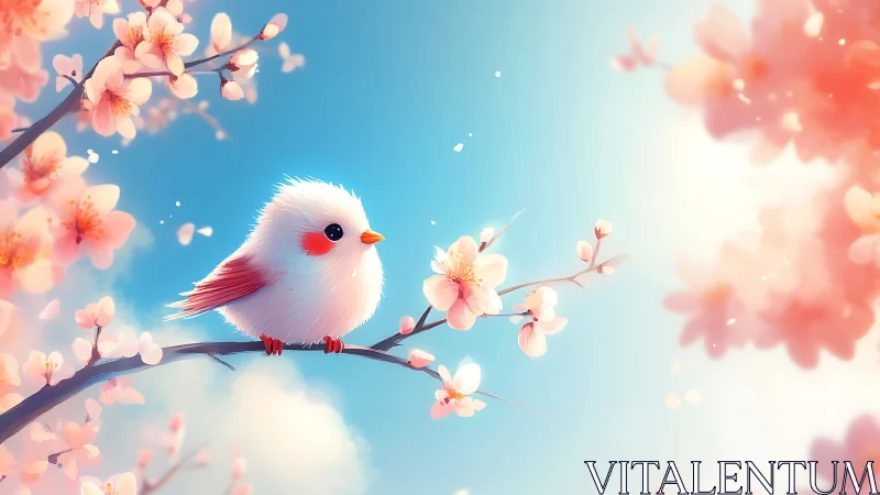 Luminous Bird Among Cherry Blossoms: Digital Fantasy Composition.