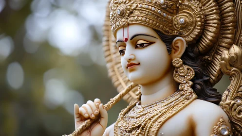 Sculpted deity figure holds staff and wears ornate gold jewelry