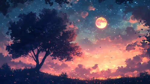 Soft twilight sky glows around a dreaming moonlit tree