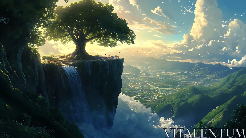 Majestic tree crowned cliff above valley and cloud sea.