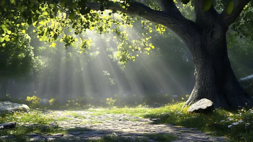 Sunlit forest clearing with large tree and stone path.