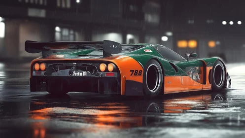 Rain-soaked race car waits under neon city lights at night