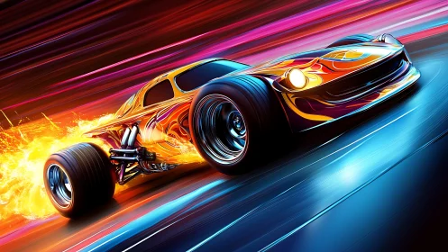 Flaming futuristic race car streaks through neon highway night.