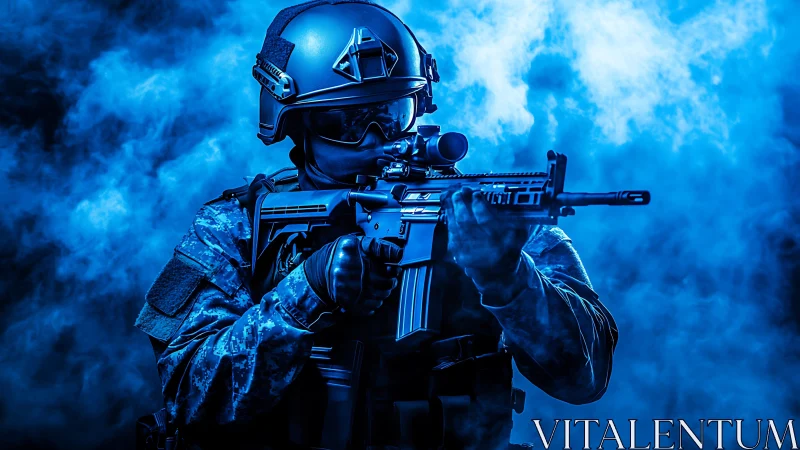 Tactical soldier aims rifle through dense electric blue smoke.