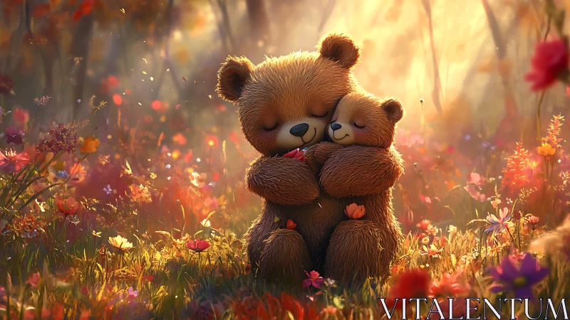 Tender bear hug under golden forest sunset glow.