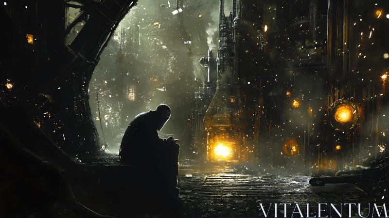 Lone watcher hunched before a roaring dystopian furnace city.