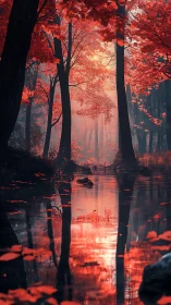 Vertical woodland scene records red foliage over still water