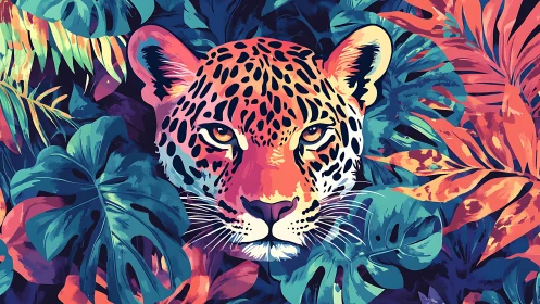 Radiant jungle leopard gazes calmly from vibrant leaves