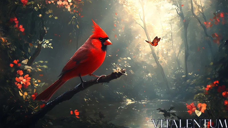 Vibrant Cardinal and Butterfly in Enchanted Forest Artwork.