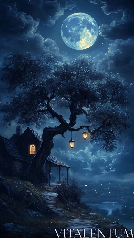 Moonlit cottage on cliffside path with twisted lantern tree