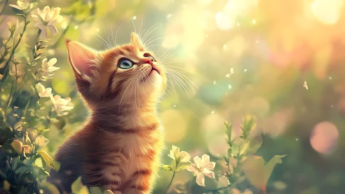 Ginger Kitten Gazes Upward Among Sunlit Flowers