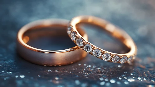 Photorealistic rose gold wedding rings on textured surface.