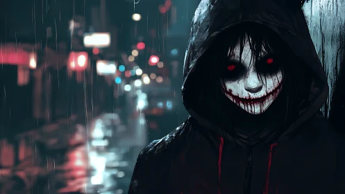 Hooded horror figure with smeared smile in rainy neon alley