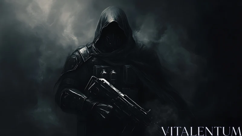 Shadow-clad space warden stalks the storming void.