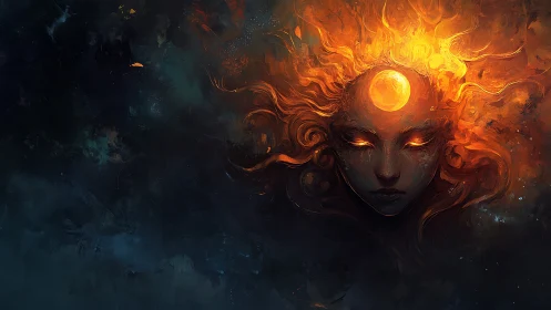 Celestial fire goddess portrait with solar third eye halo