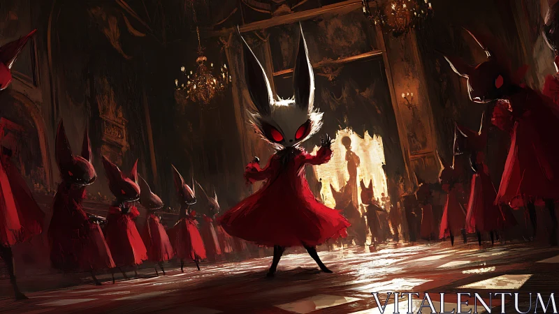 Midnight rabbit masquerade unfolds in a grand haunted ballroom