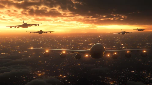 Jetliners glide over glowing city under dramatic sunset sky.