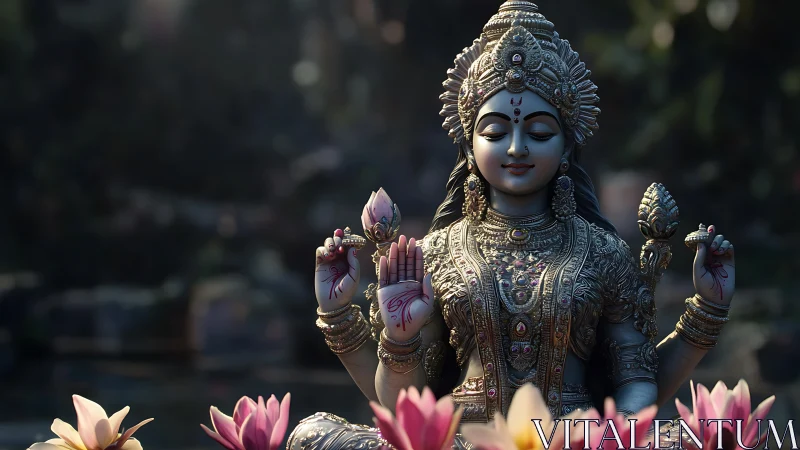 Lotus crowned goddess in tranquil dawnlit water garden.