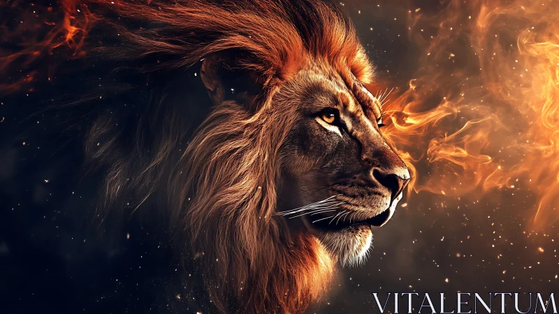 Majestic lion blazes through darkness in fiery digital portrait