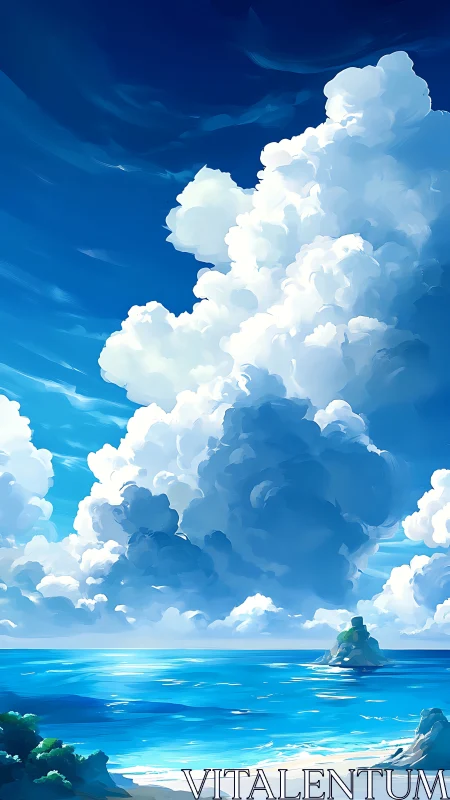 Cumulonimbus shoreline under saturated cyan maritime sky.