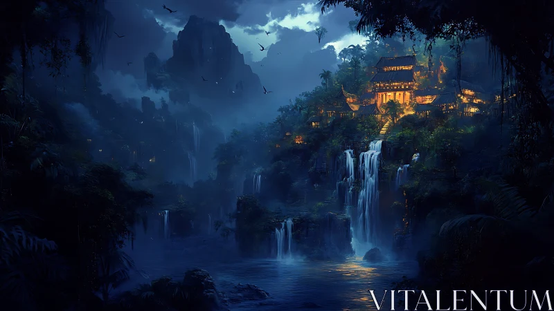 Hidden jungle temple glows above moonlit cascading waterfalls.