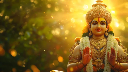 Sun-drenched deity statue bathed in golden sacred radiance.