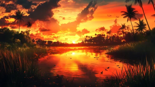 Fiery tropical sunset ignites a tranquil river oasis with light