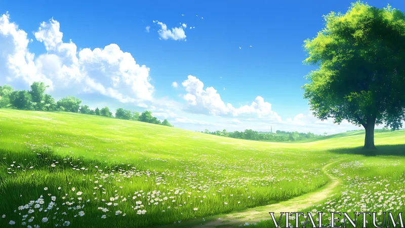 Sunlit meadow landscape with lone tree and curved path.